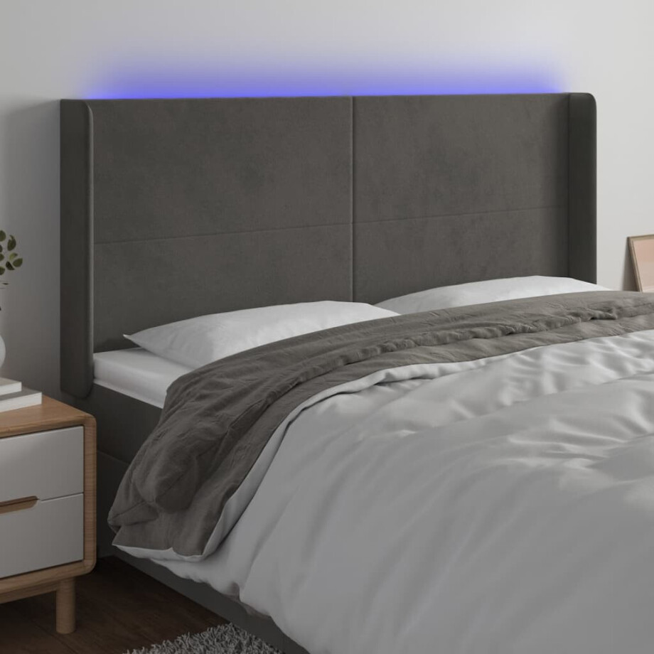 vidaXL Hoofdbord LED 163x16x118/128 cm fluweel donkergrijs afbeelding 1
