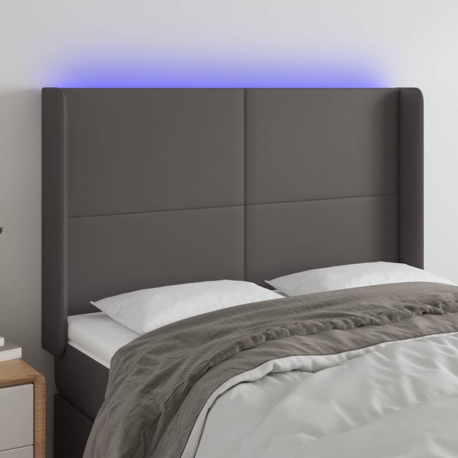 vidaXL Hoofdbord LED 147x16x118/128 cm kunstleer grijs afbeelding 1