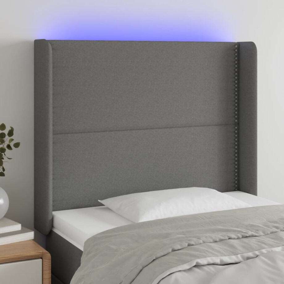 vidaXL Hoofdbord LED 93x16x118/128 cm stof donkergrijs afbeelding 1