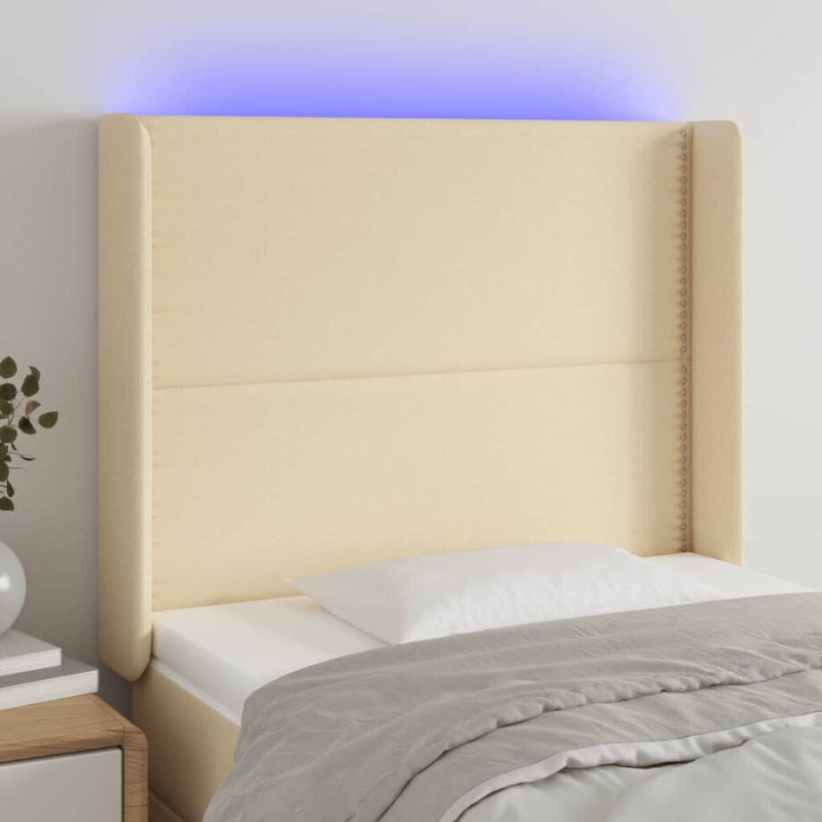 vidaXL Hoofdbord LED 93x16x118/128 cm stof crèmekleurig afbeelding 1