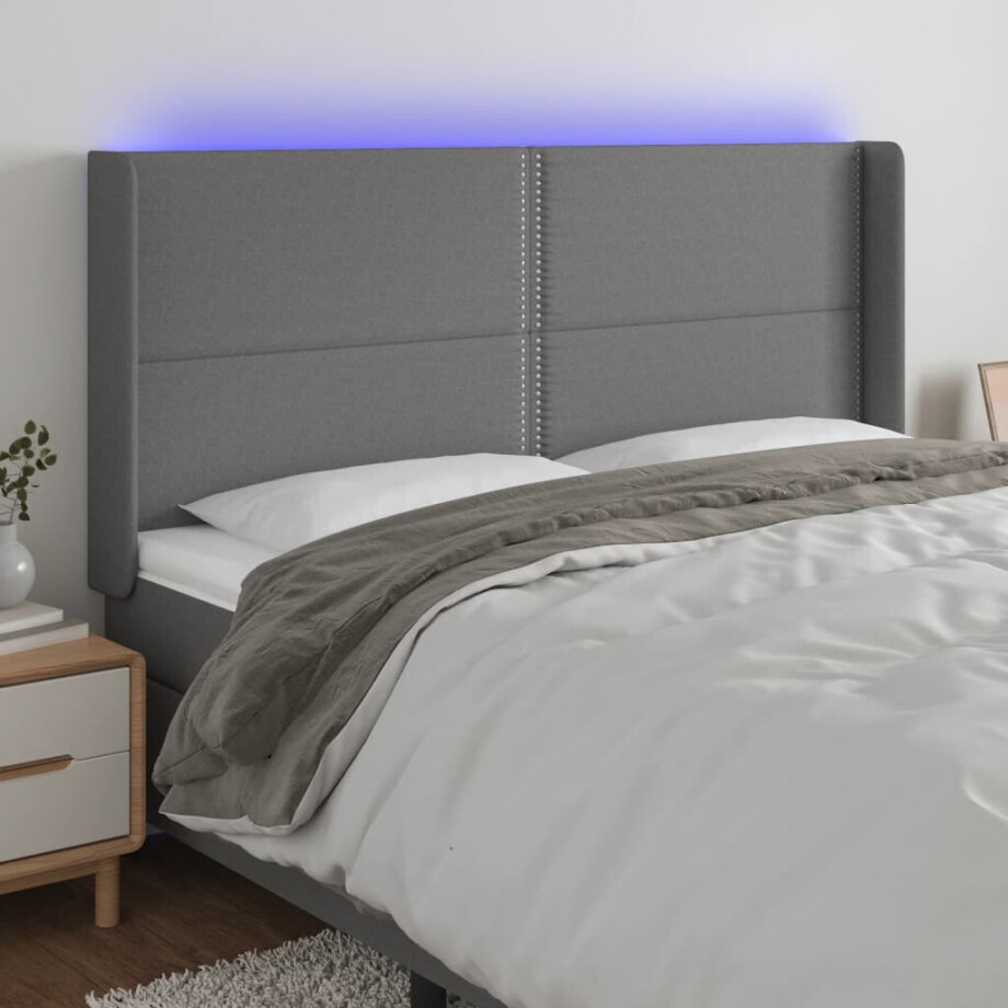 vidaXL Hoofdbord LED 183x16x118/128 cm stof donkergrijs afbeelding 1