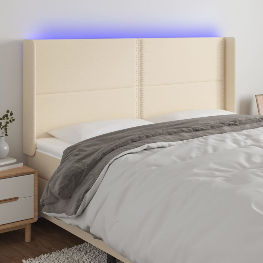 vidaXL Hoofdbord LED 183x16x118/128 cm stof crèmekleurig vidaXL Hoofdbord LED 183x16x118/128 cm stof crèmekleurig afbeelding 1