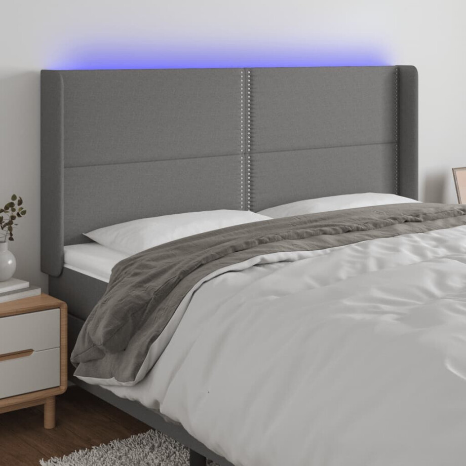 vidaXL Hoofdbord LED 203x16x118/128 cm stof donkergrijs vidaXL Hoofdbord LED 203x16x118/128 cm stof donkergrijs afbeelding 1
