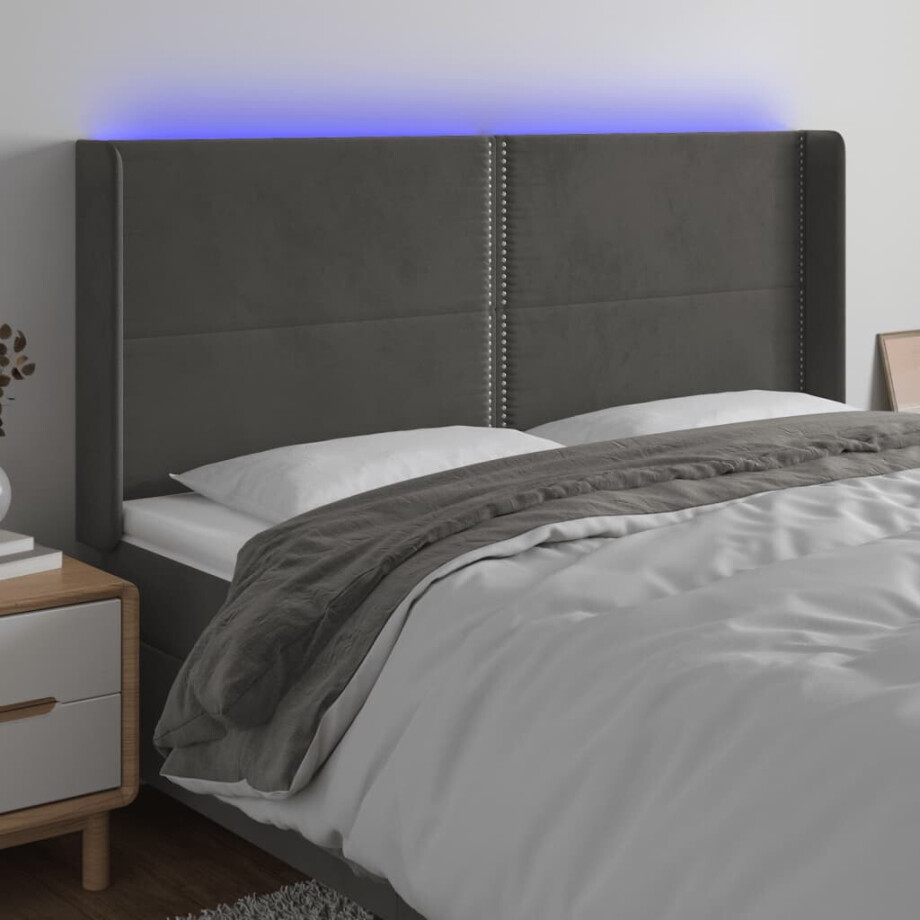 vidaXL Hoofdbord LED 183x16x118/128 cm fluweel donkergrijs afbeelding 1