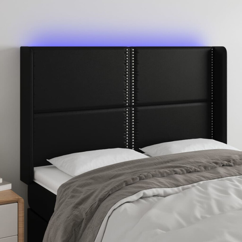 vidaXL Hoofdbord LED 147x16x118/128 cm kunstleer zwart vidaXL Hoofdbord LED 147x16x118/128 cm kunstleer zwart afbeelding 1