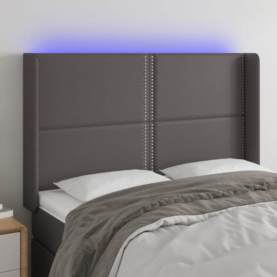 vidaXL Hoofdbord LED 147x16x118/128 cm kunstleer grijs afbeelding 1