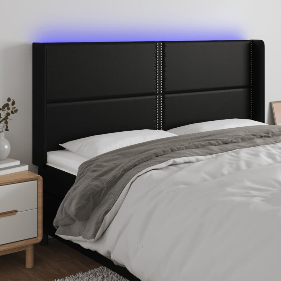 vidaXL Hoofdbord LED 203x16x118/128 cm kunstleer zwart vidaXL Hoofdbord LED 203x16x118/128 cm kunstleer zwart afbeelding 1