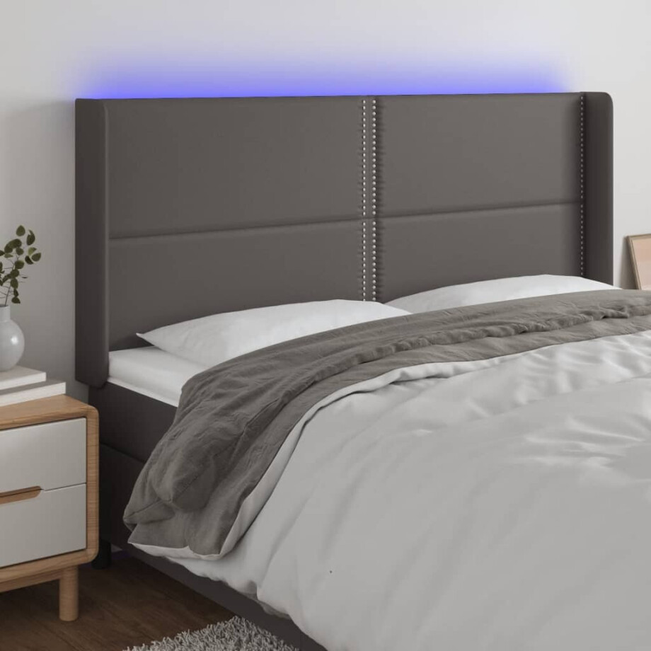 vidaXL Hoofdbord LED 203x16x118/128 cm kunstleer grijs afbeelding 1