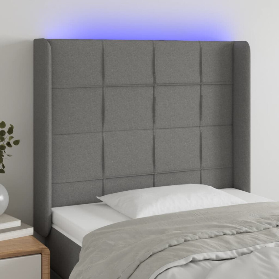 vidaXL Hoofdbord LED 93x16x118/128 cm stof donkergrijs afbeelding 1