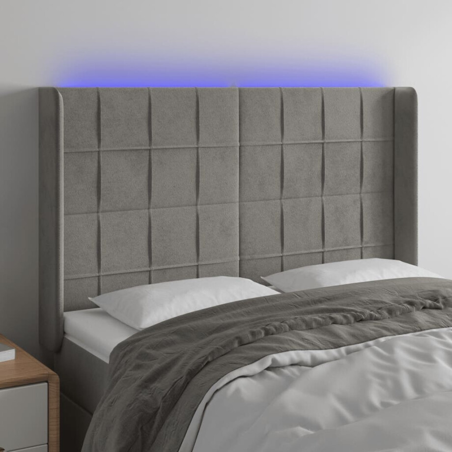vidaXL Hoofdbord LED 147x16x118/128 cm fluweel lichtgrijs afbeelding 1