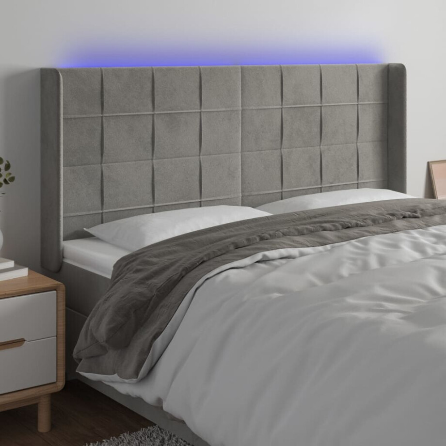 vidaXL Hoofdbord LED 163x16x118/128 cm fluweel lichtgrijs afbeelding 1