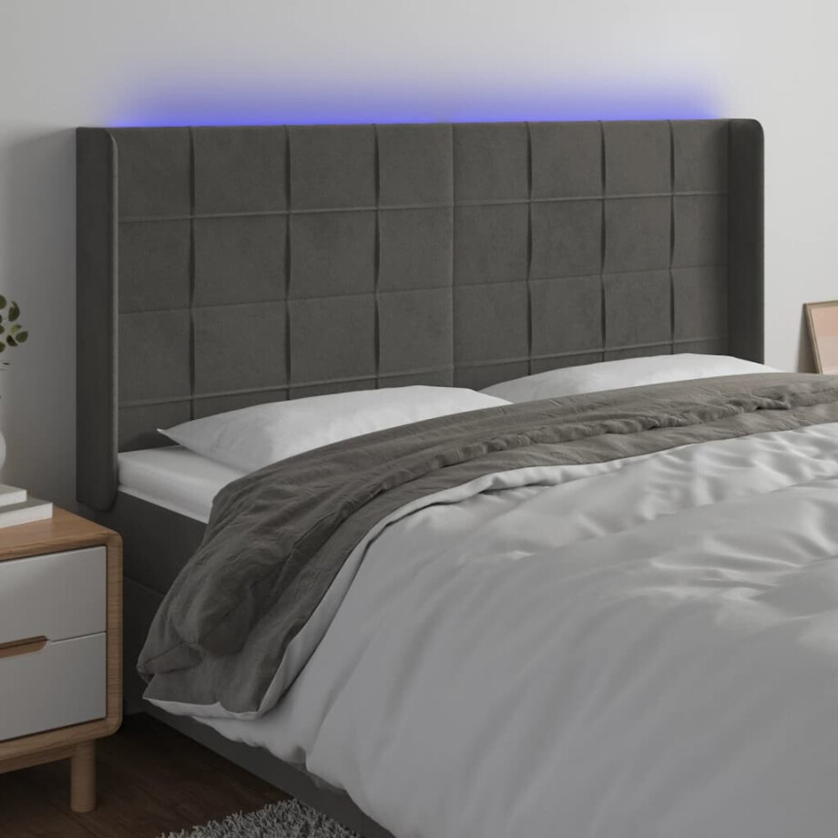vidaXL Hoofdbord LED 163x16x118/128 cm fluweel donkergrijs afbeelding 1