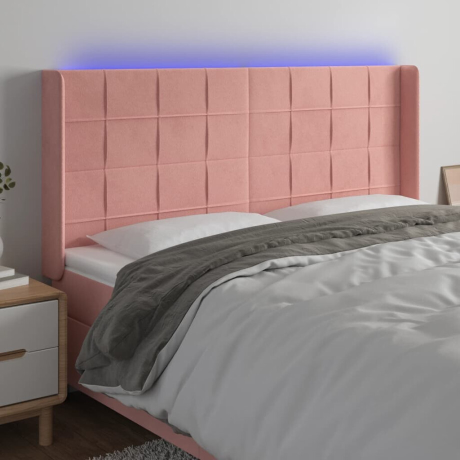 vidaXL Hoofdbord LED 183x16x118/128 cm fluweel roze afbeelding 1