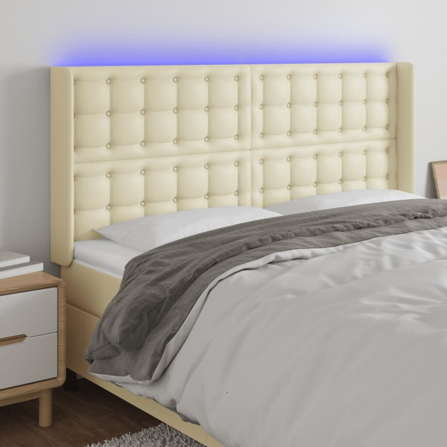 vidaXL Hoofdbord LED 147x16x118/128 cm kunstleer crèmekleurig afbeelding 1