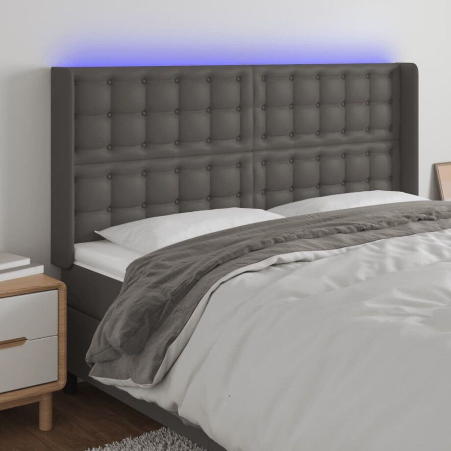 vidaXL Hoofdbord LED 147x16x118/128 cm kunstleer grijs afbeelding 1