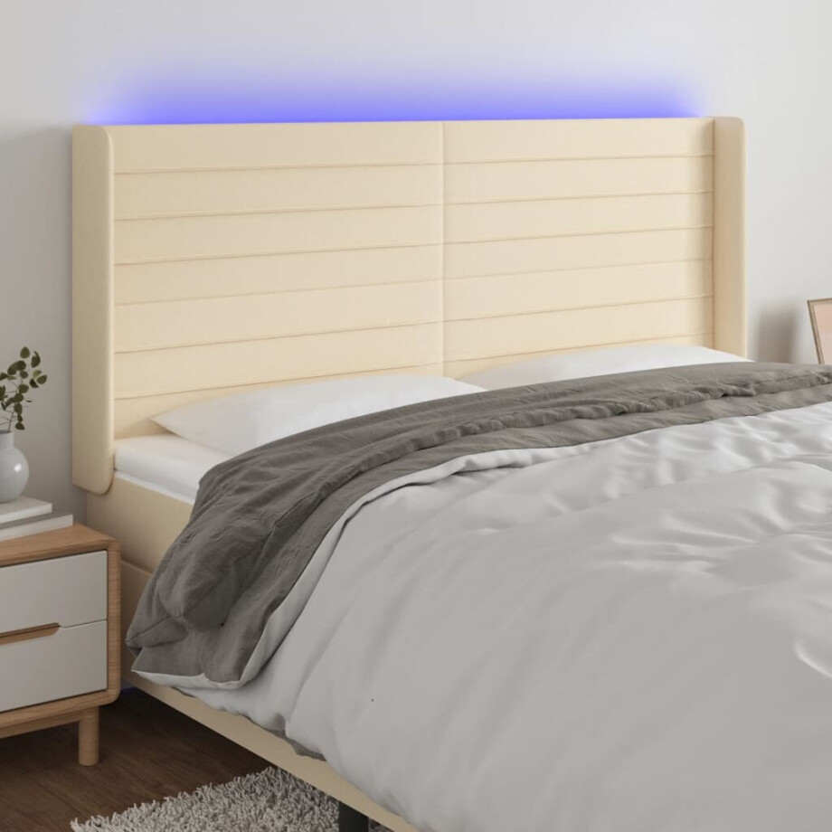vidaXL Hoofdbord LED 203x16x118/128 cm stof crèmekleurig vidaXL Hoofdbord LED 203x16x118/128 cm stof crèmekleurig afbeelding 1