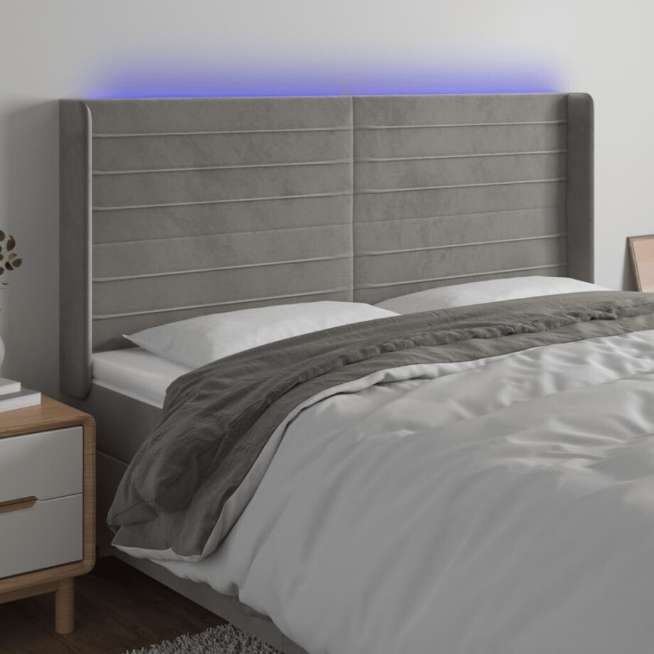 vidaXL Hoofdbord LED 163x16x118/128 cm fluweel lichtgrijs afbeelding 1