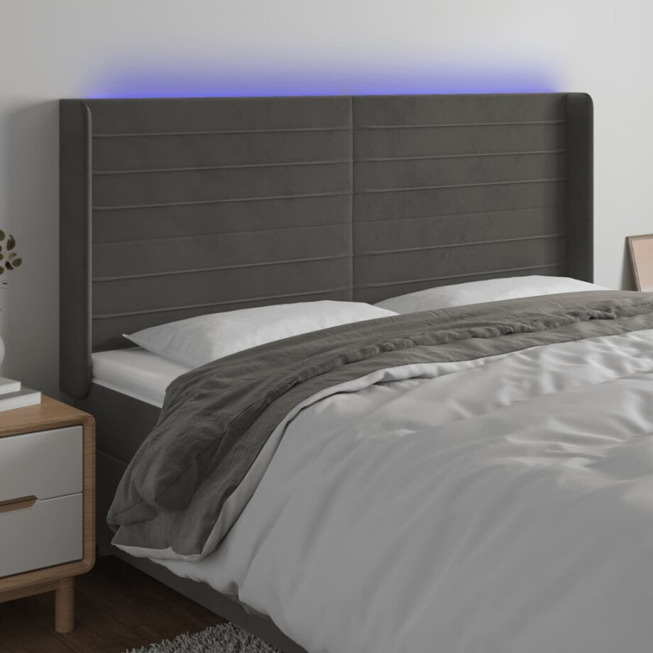 vidaXL Hoofdbord LED 163x16x118/128 cm fluweel donkergrijs vidaXL Hoofdbord LED 163x16x118/128 cm fluweel donkergrijs afbeelding 1