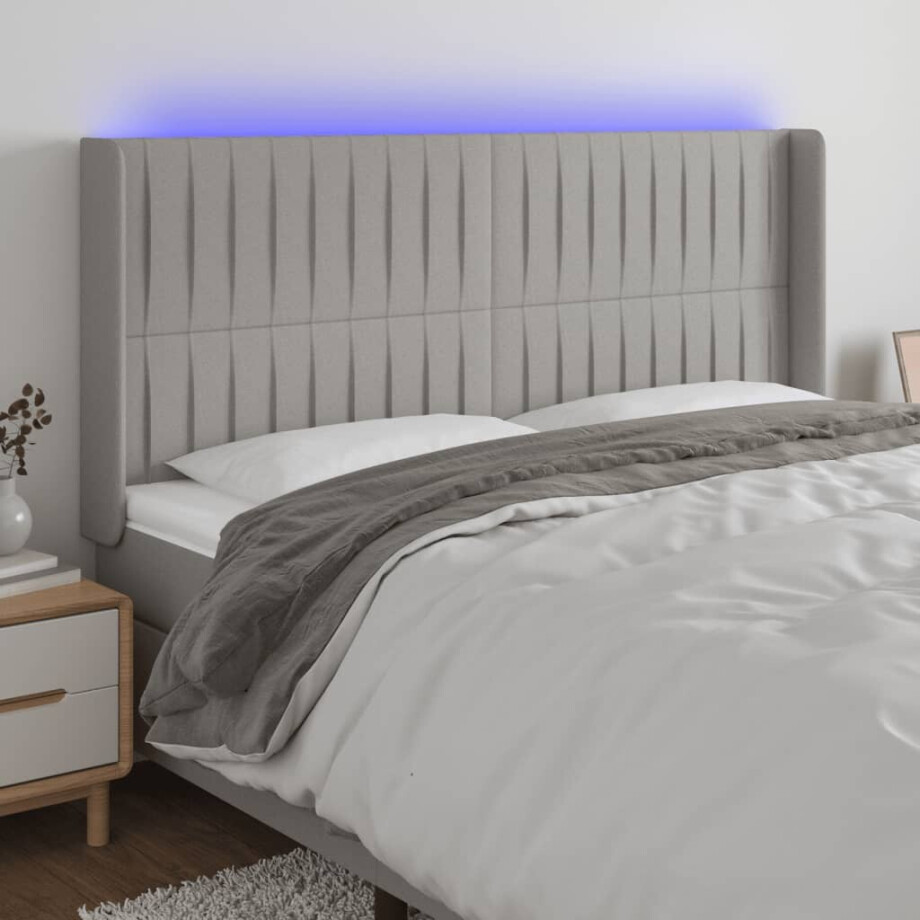 vidaXL Hoofdbord LED 163x16x118/128 cm stof lichtgrijs afbeelding 1