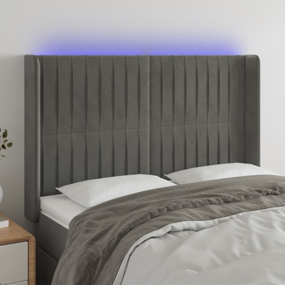 vidaXL Hoofdbord LED 147x16x118/128 cm fluweel lichtgrijs afbeelding 1