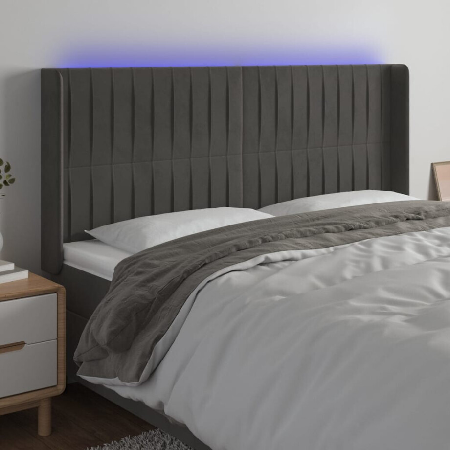 vidaXL Hoofdbord LED 163x16x118/128 cm fluweel donkergrijs afbeelding 1