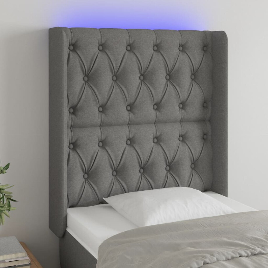 vidaXL Hoofdbord LED 83x16x118/128 cm stof donkergrijs vidaXL Hoofdbord LED 83x16x118/128 cm stof donkergrijs afbeelding 1