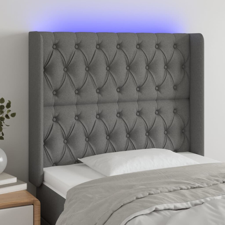 vidaXL Hoofdbord LED 93x16x118/128 cm stof donkergrijs afbeelding 1
