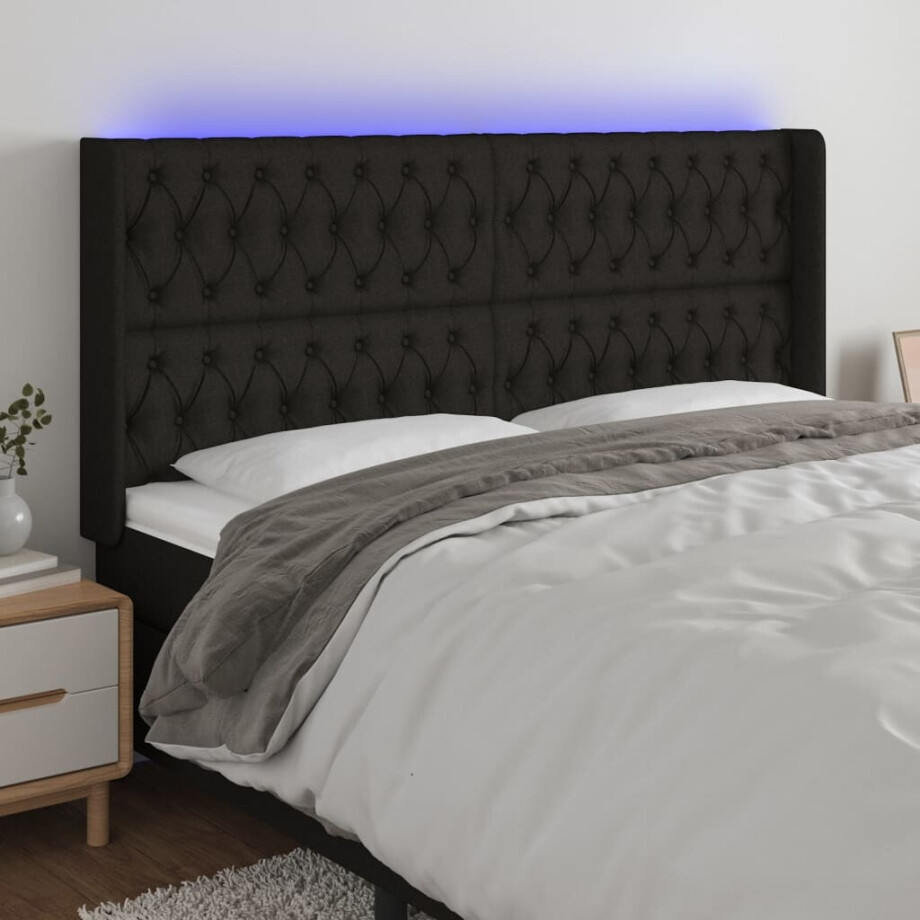 vidaXL Hoofdbord LED 183x16x118/128 cm stof zwart afbeelding 1