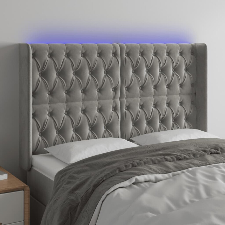 vidaXL Hoofdbord LED 163x16x118/128 cm fluweel lichtgrijs afbeelding 1