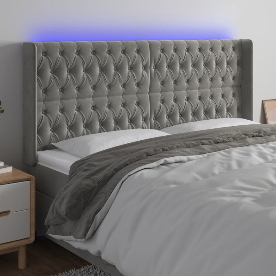 vidaXL Hoofdbord LED 183x16x118/128 cm fluweel lichtgrijs afbeelding 1