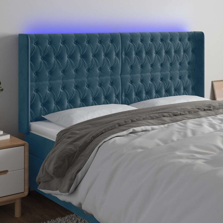 vidaXL Hoofdbord LED 183x16x118/128 cm fluweel donkerblauw afbeelding 1