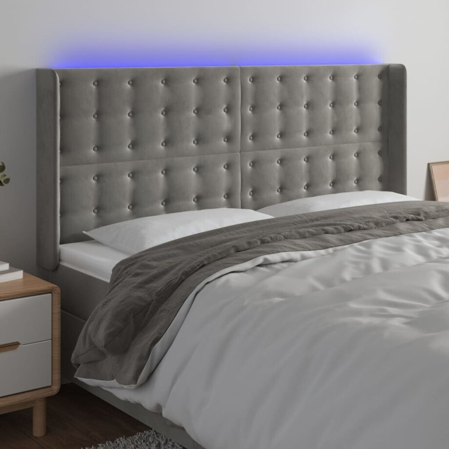 vidaXL Hoofdbord LED 163x16x118/128 cm fluweel lichtgrijs afbeelding 1