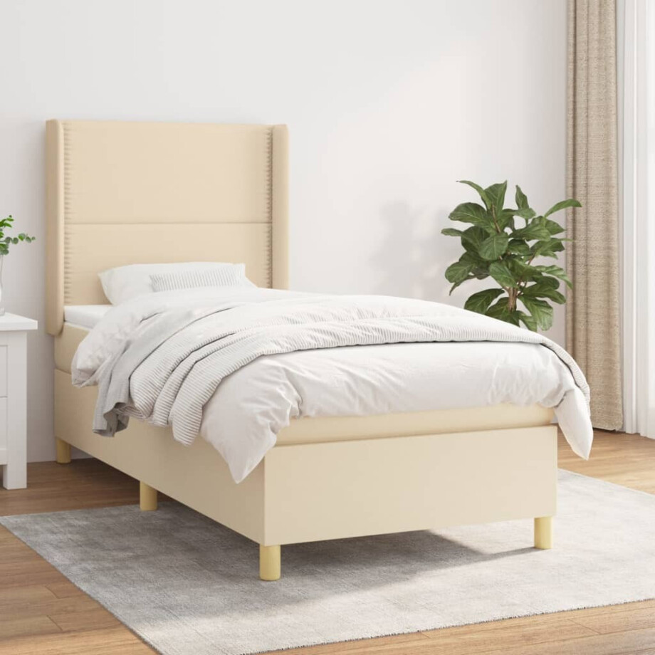 vidaXL Boxspring met matras stof crèmekleurig 90x200 cm vidaXL Boxspring met matras stof crèmekleurig 90x200 cm afbeelding 1