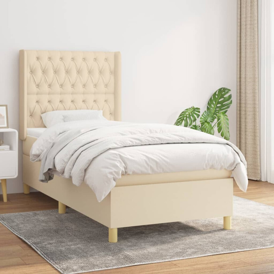 vidaXL Boxspring met matras stof crèmekleurig 90x200 cm vidaXL Boxspring met matras stof crèmekleurig 90x200 cm afbeelding 1