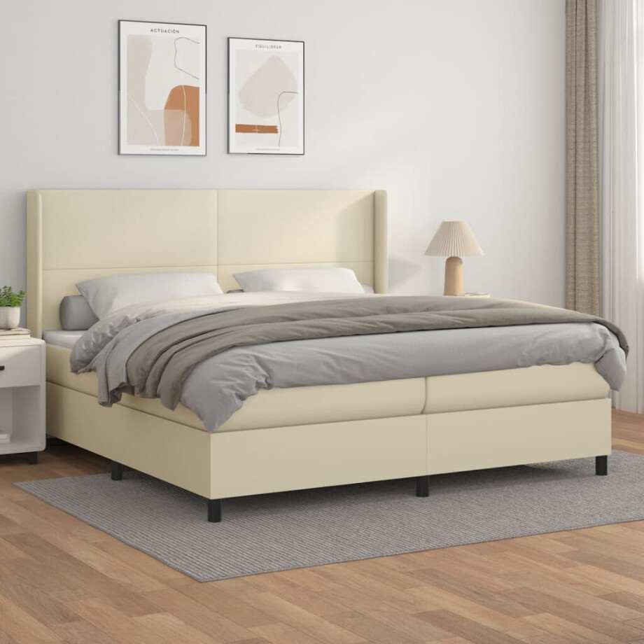 vidaXL Boxspring met matras kunstleer crèmekleurig 200x200 cm afbeelding 1