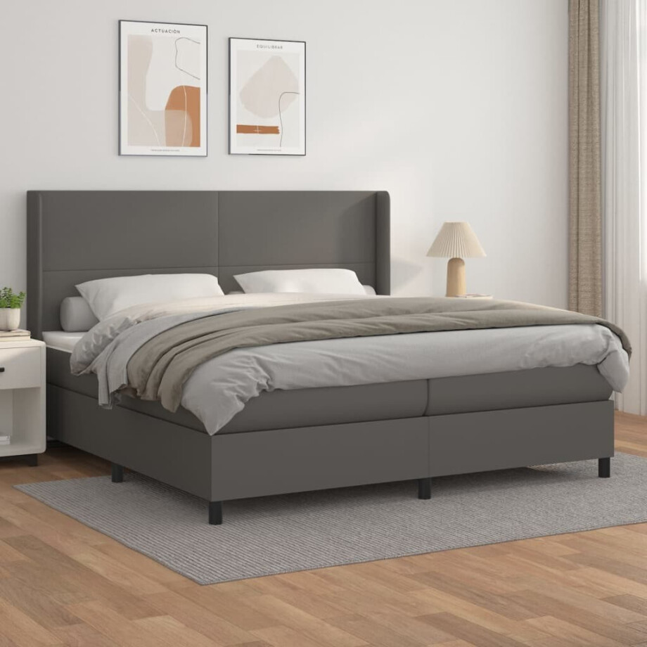 vidaXL Boxspring met matras kunstleer grijs 200x200 cm vidaXL Boxspring met matras kunstleer grijs 200x200 cm afbeelding 1