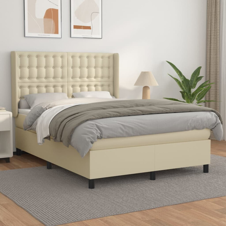 vidaXL Boxspring met matras kunstleer crèmekleurig 140x190 cm afbeelding 1