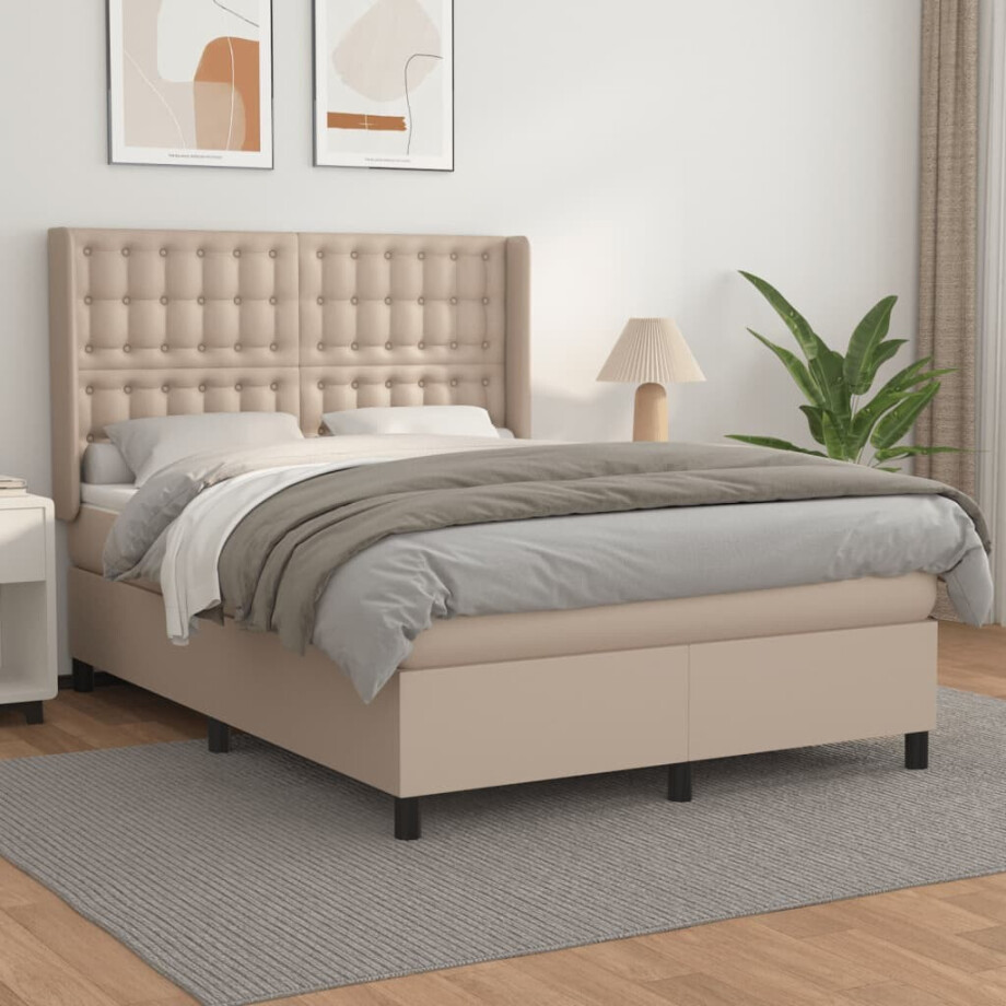 vidaXL Boxspring met matras kunstleer cappuccinokleurig 140x190 cm vidaXL Boxspring met matras kunstleer cappuccinokleurig 140x190 cm afbeelding 1