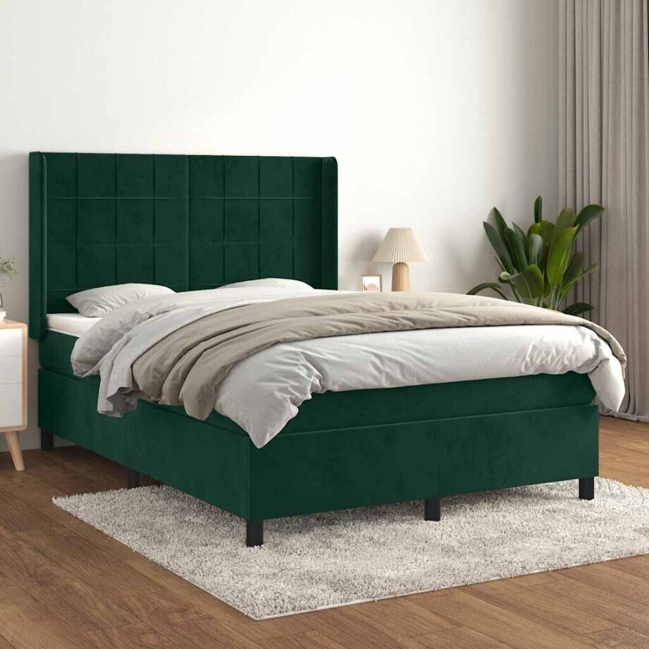vidaXL Boxspring met matras fluweel donkergroen 140x200 cm vidaXL Boxspring met matras fluweel donkergroen 140x200 cm afbeelding 1
