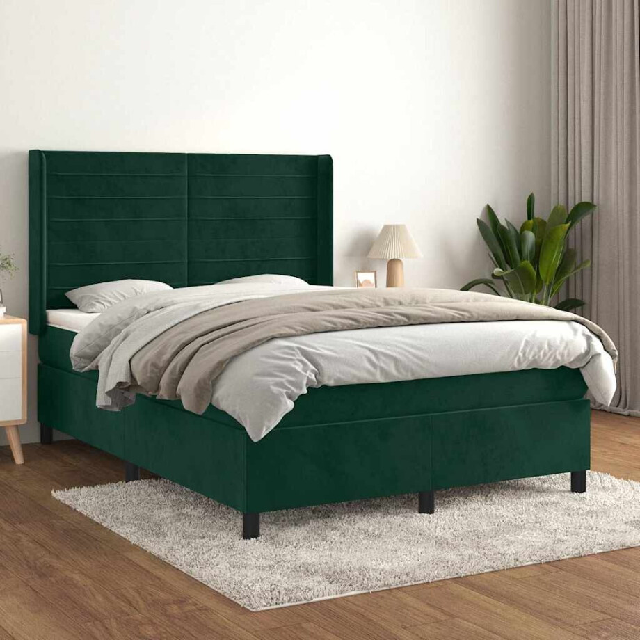 vidaXL Boxspring met matras fluweel donkergroen 140x200 cm vidaXL Boxspring met matras fluweel donkergroen 140x200 cm afbeelding 1