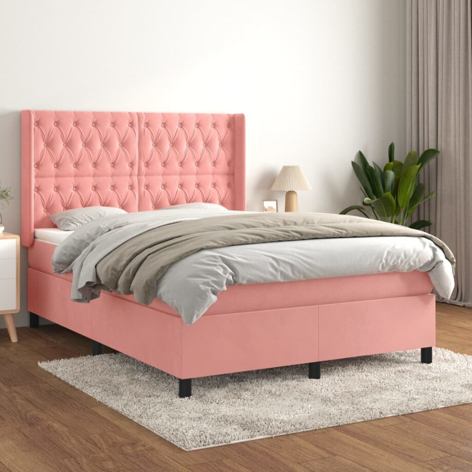vidaXL Boxspring met matras fluweel roze 140x200 cm vidaXL Boxspring met matras fluweel roze 140x200 cm afbeelding 1