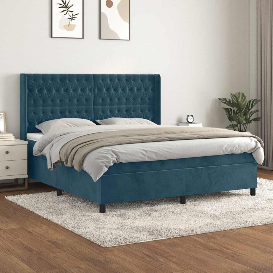 vidaXL Boxspring met matras fluweel donkerblauw 180x200 cm afbeelding 1
