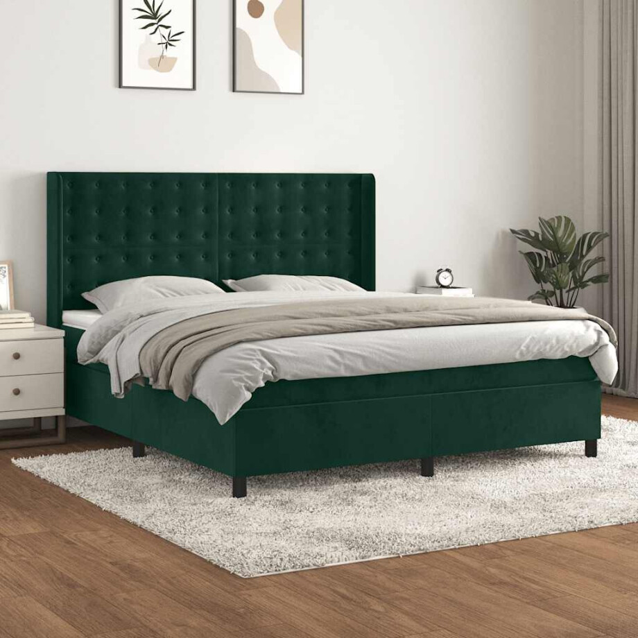 vidaXL Boxspring met matras fluweel donkergroen 160x200 cm vidaXL Boxspring met matras fluweel donkergroen 160x200 cm afbeelding 1