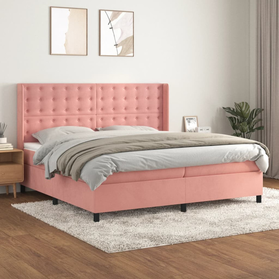 vidaXL Boxspring met matras fluweel roze 200x200 cm afbeelding 1