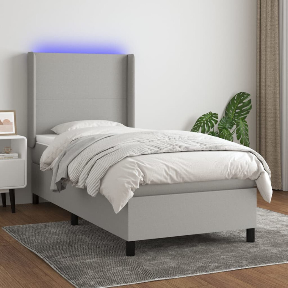 vidaXL Boxspring met matras en LED stof lichtgrijs 90x190 cm afbeelding 1