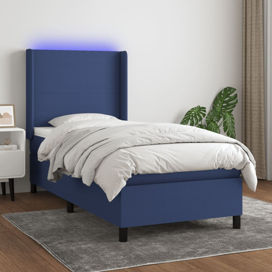 vidaXL Boxspring met matras en LED stof blauw 90x190 cm afbeelding 1