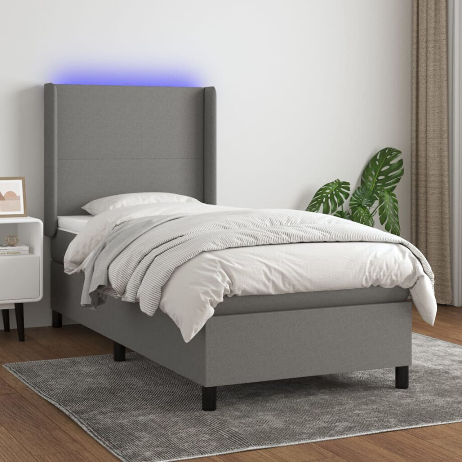 vidaXL Boxspring met matras en LED stof donkergrijs 100x200 cm afbeelding 1