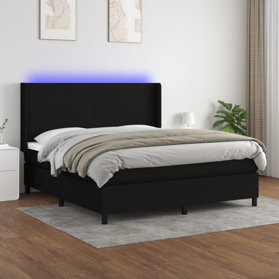 vidaXL Boxspring met matras en LED stof zwart 160x200 cm afbeelding 1
