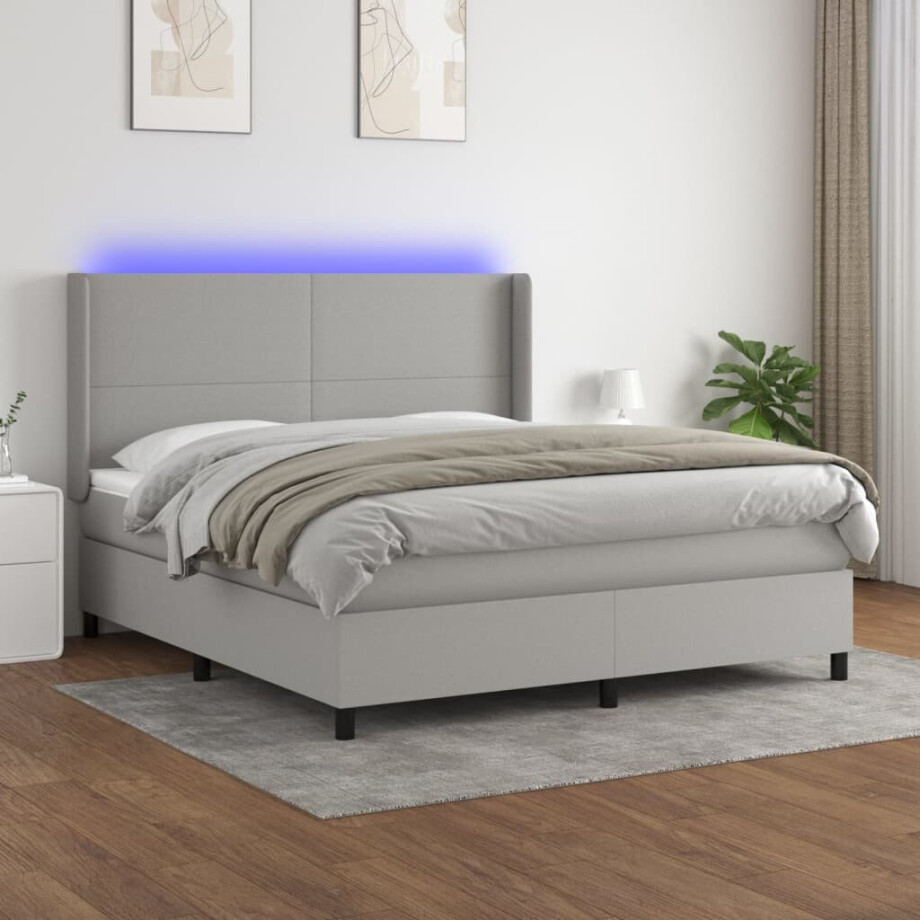 vidaXL Boxspring met matras en LED stof lichtgrijs 180x200 cm afbeelding 1