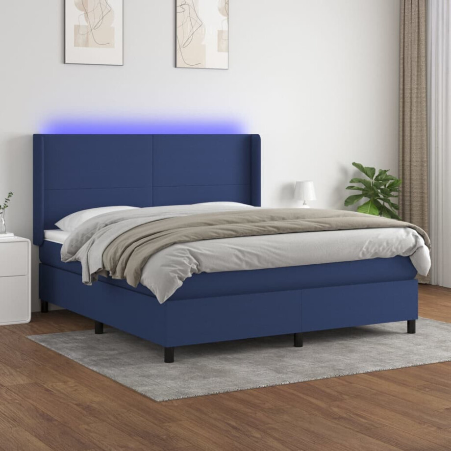 vidaXL Boxspring met matras en LED stof blauw 180x200 cm afbeelding 1